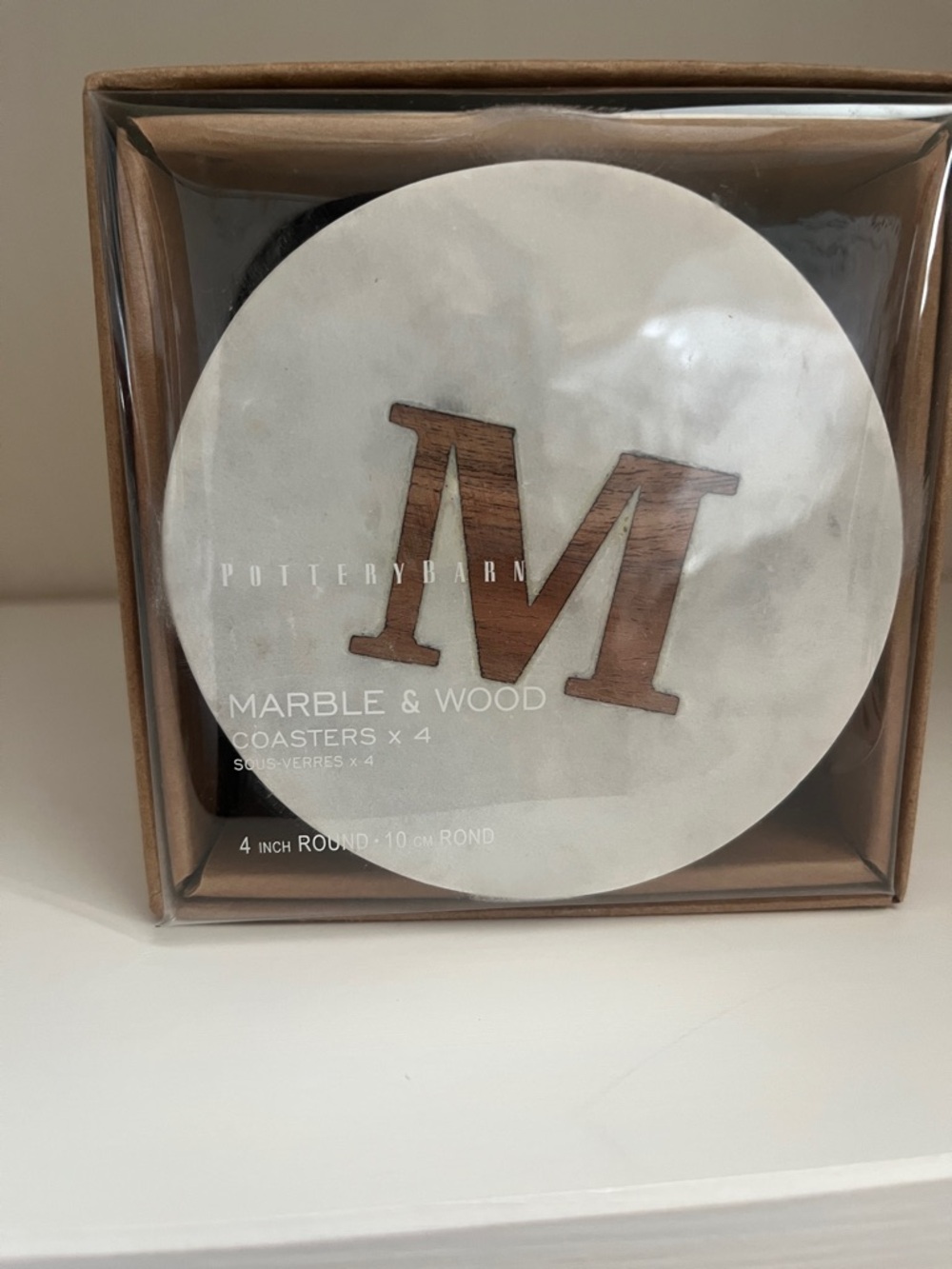 Pottery Barn White Marble Round Coaster with Brown 'M' Monogram